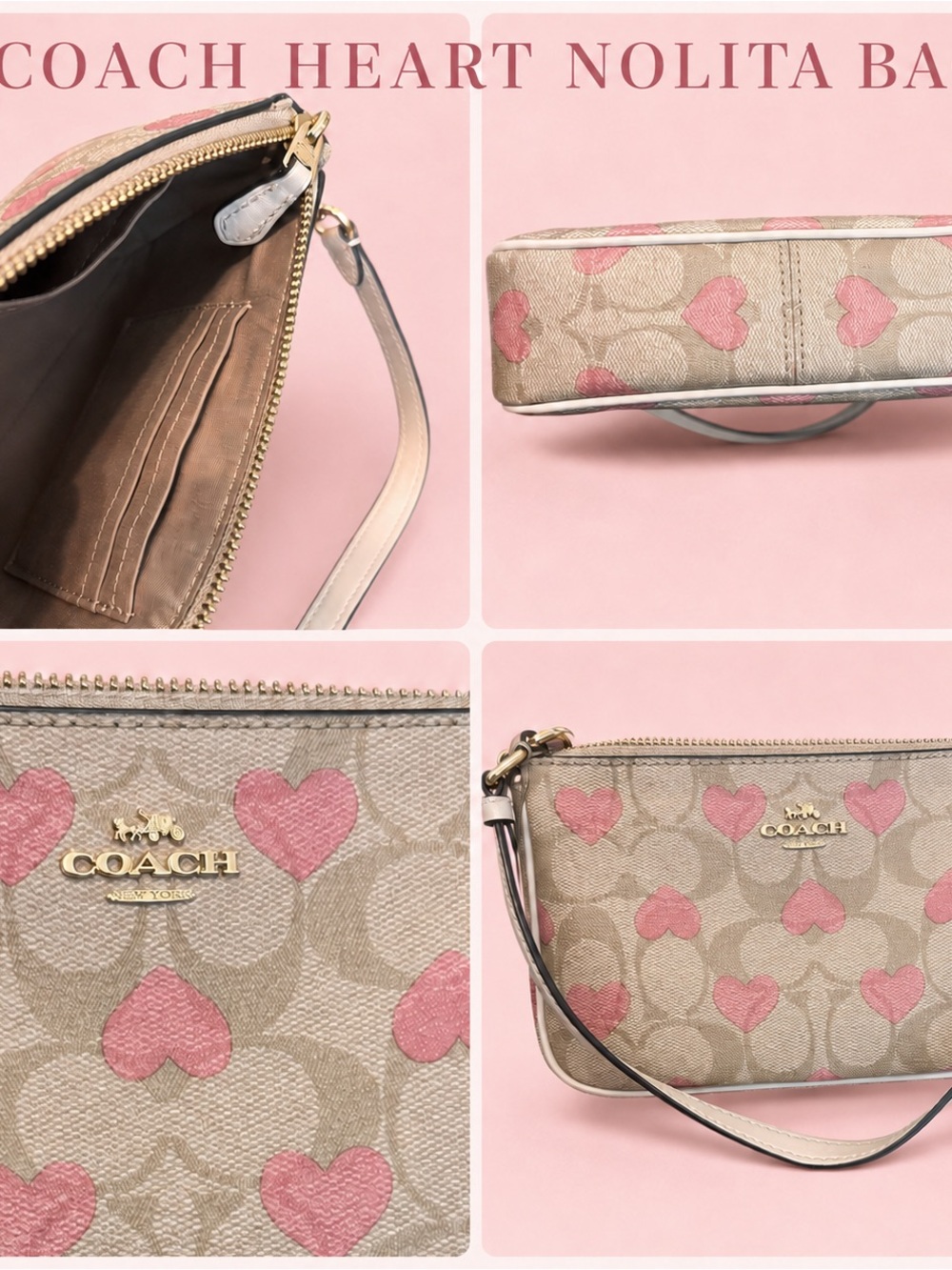 Coach Beige Signature Canvas Shoulder Bag with Pink Heart Print